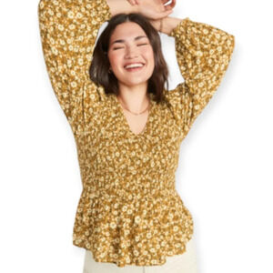 Old Navy Yellow Floral Smocked Long-Sleeve V-Neck  Blouse Women Large
